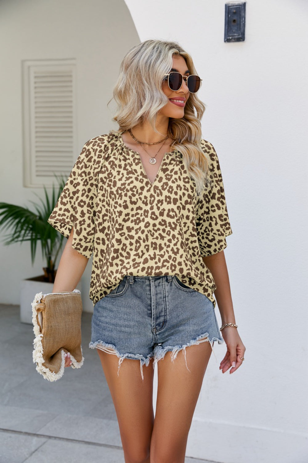 Leopard Notched Half Sleeve Blouse