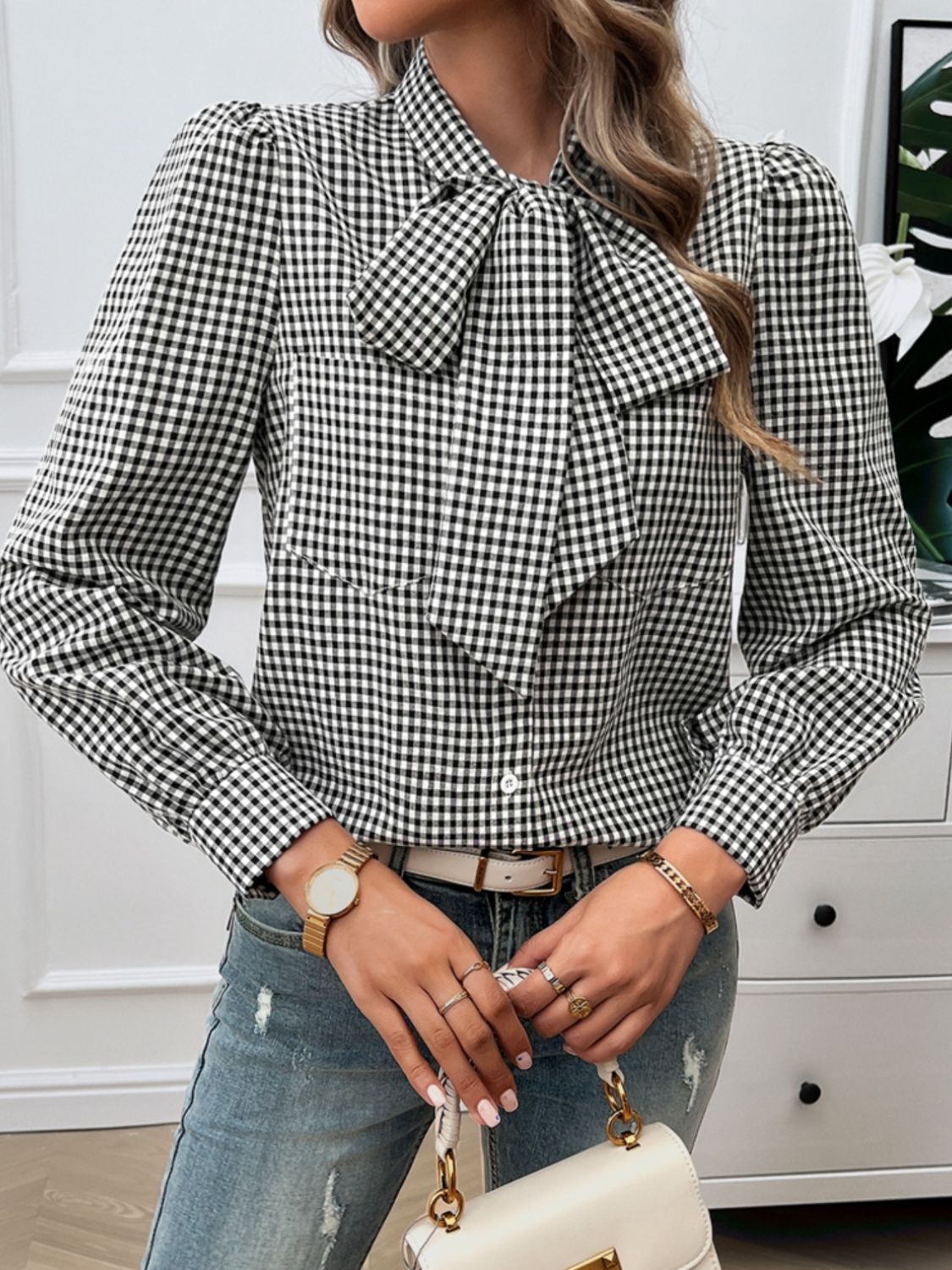 Pocketed Plaid Tie Neck Long Sleeve Shirt