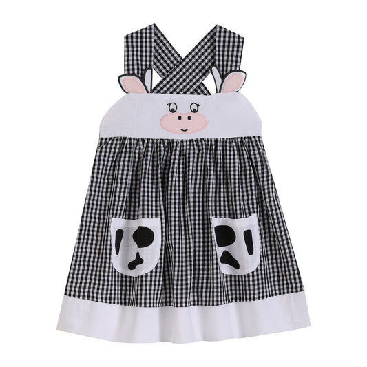 Black Gingham Cute Cow Pocket Sundress