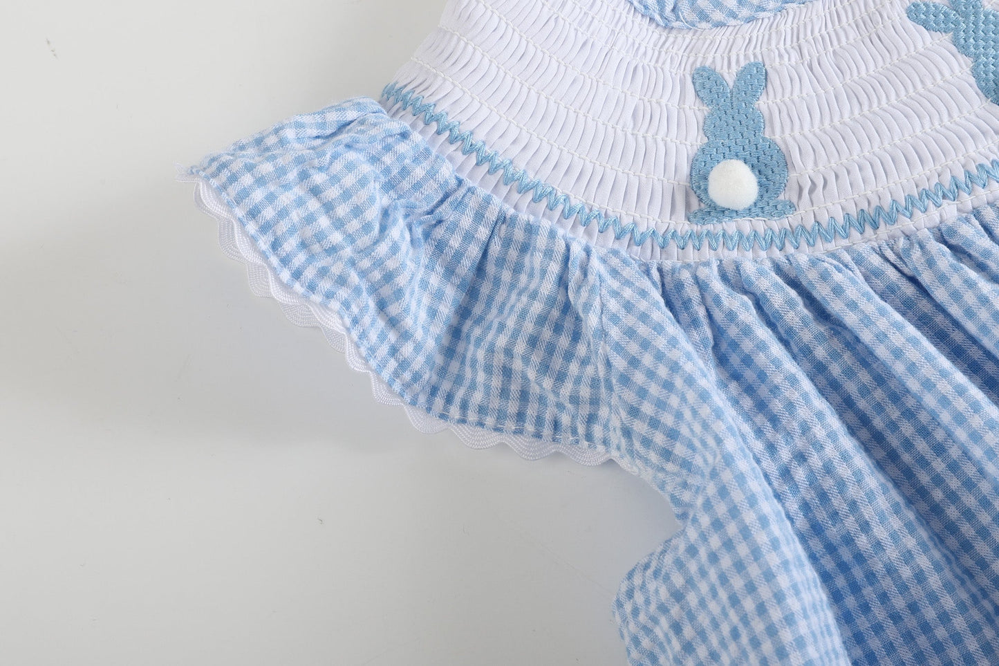 Blue Gingham Easter Bunny Smocked Bishop Dress