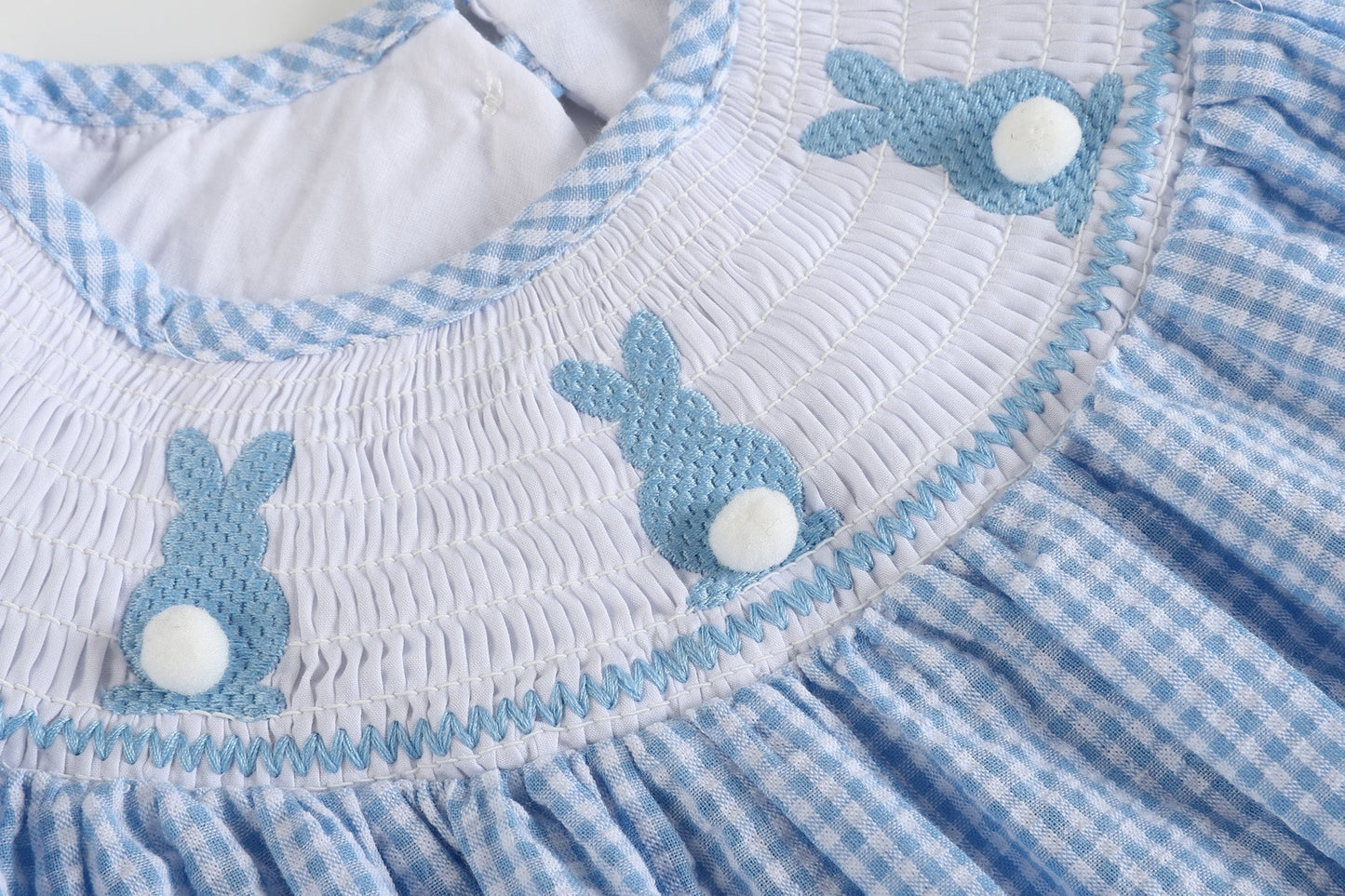 Blue Gingham Easter Bunny Smocked Bishop Dress