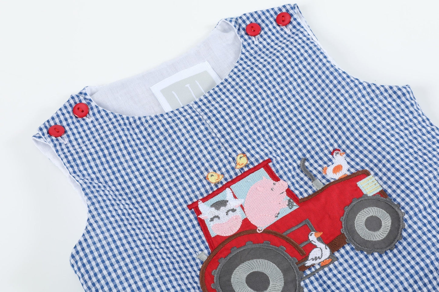 Blue Gingham Farm Animal Tractor Pocket Shortalls