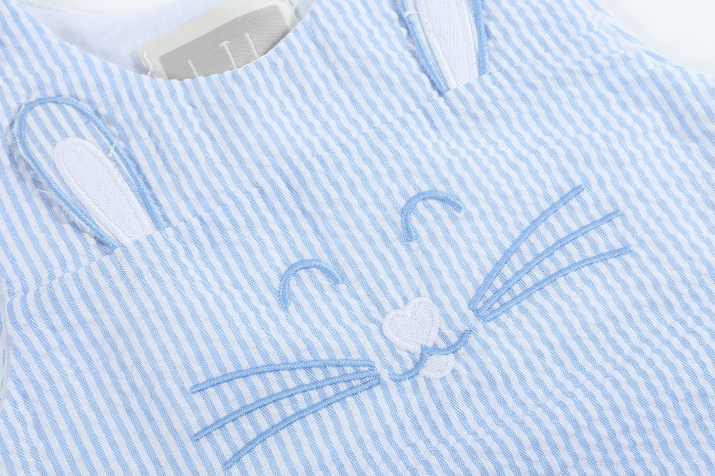 Blue Seersucker Bunny Face Shortalls