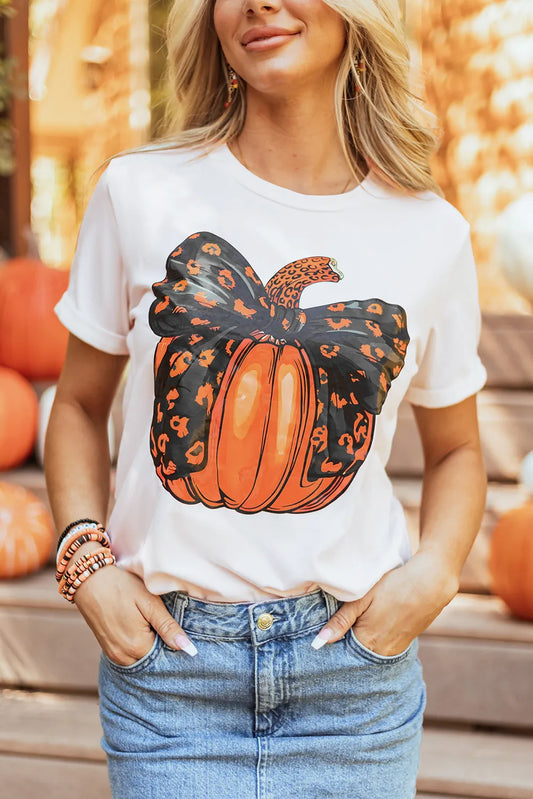 Pumpkin Leopard Bow Halloween Short Sleeve T-Shirt