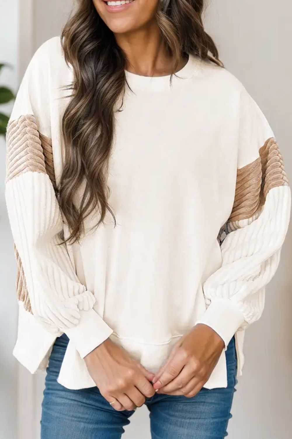 Textured Color Block Long Sleeve Sweatshirt