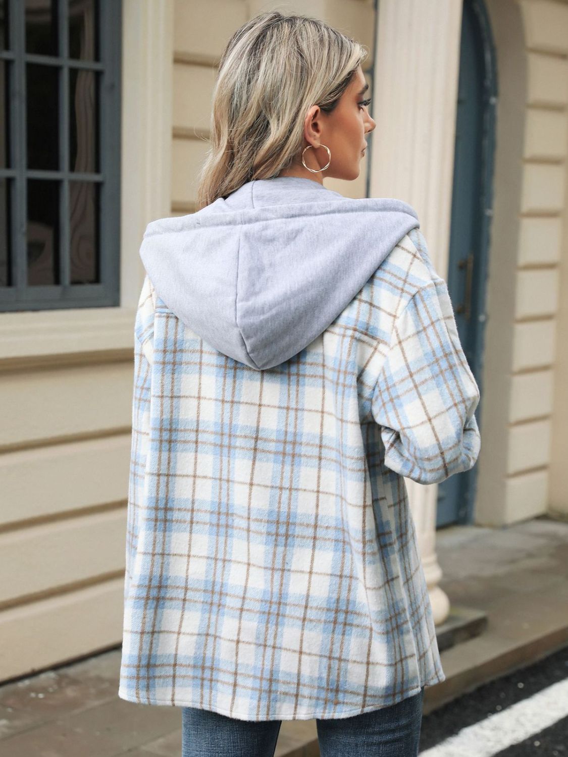 Drawstring Plaid Button Up Hooded Jacket