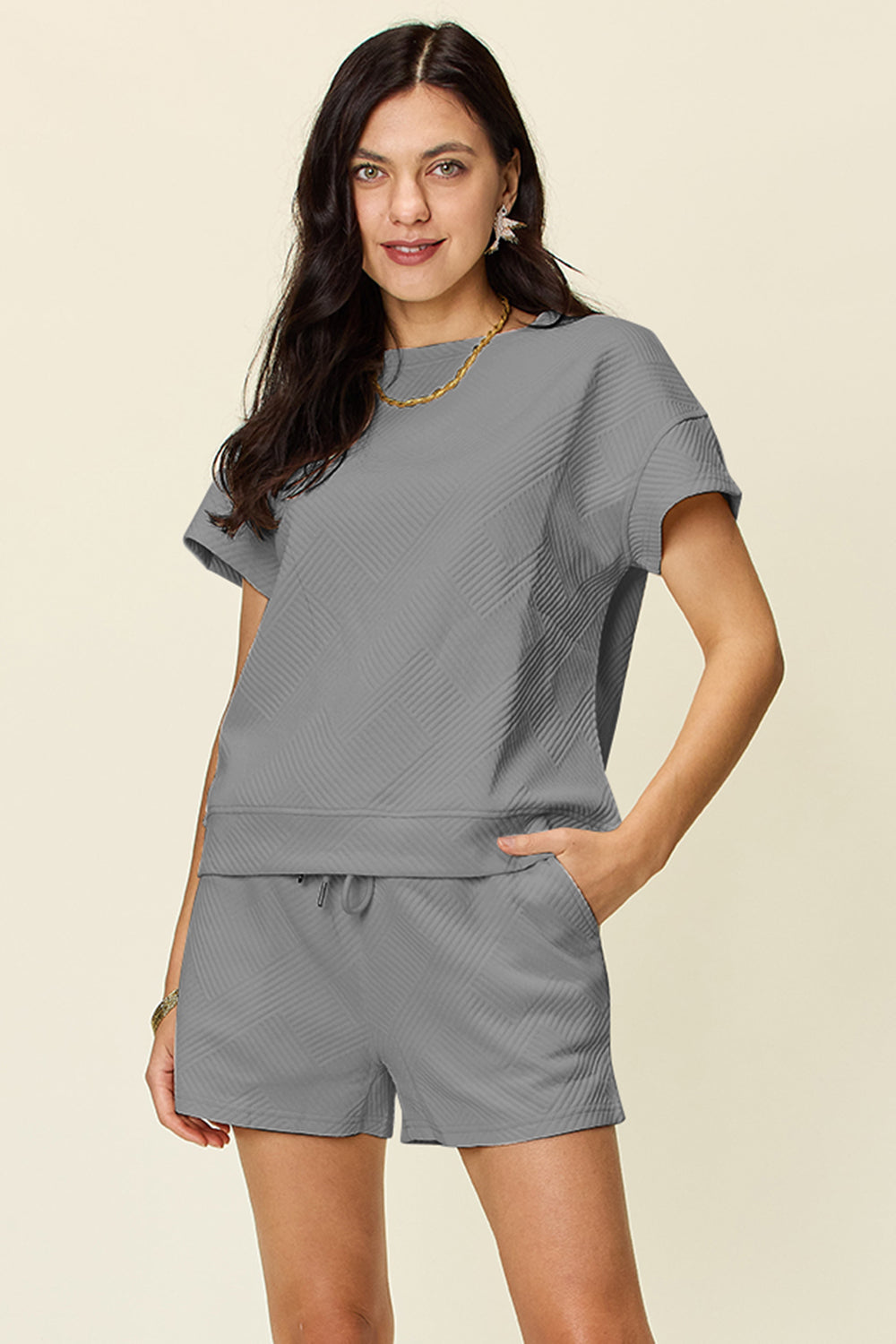 Double Take Full Size Texture Short Sleeve T-Shirt and Drawstring Shorts Set  - 11 Colors!