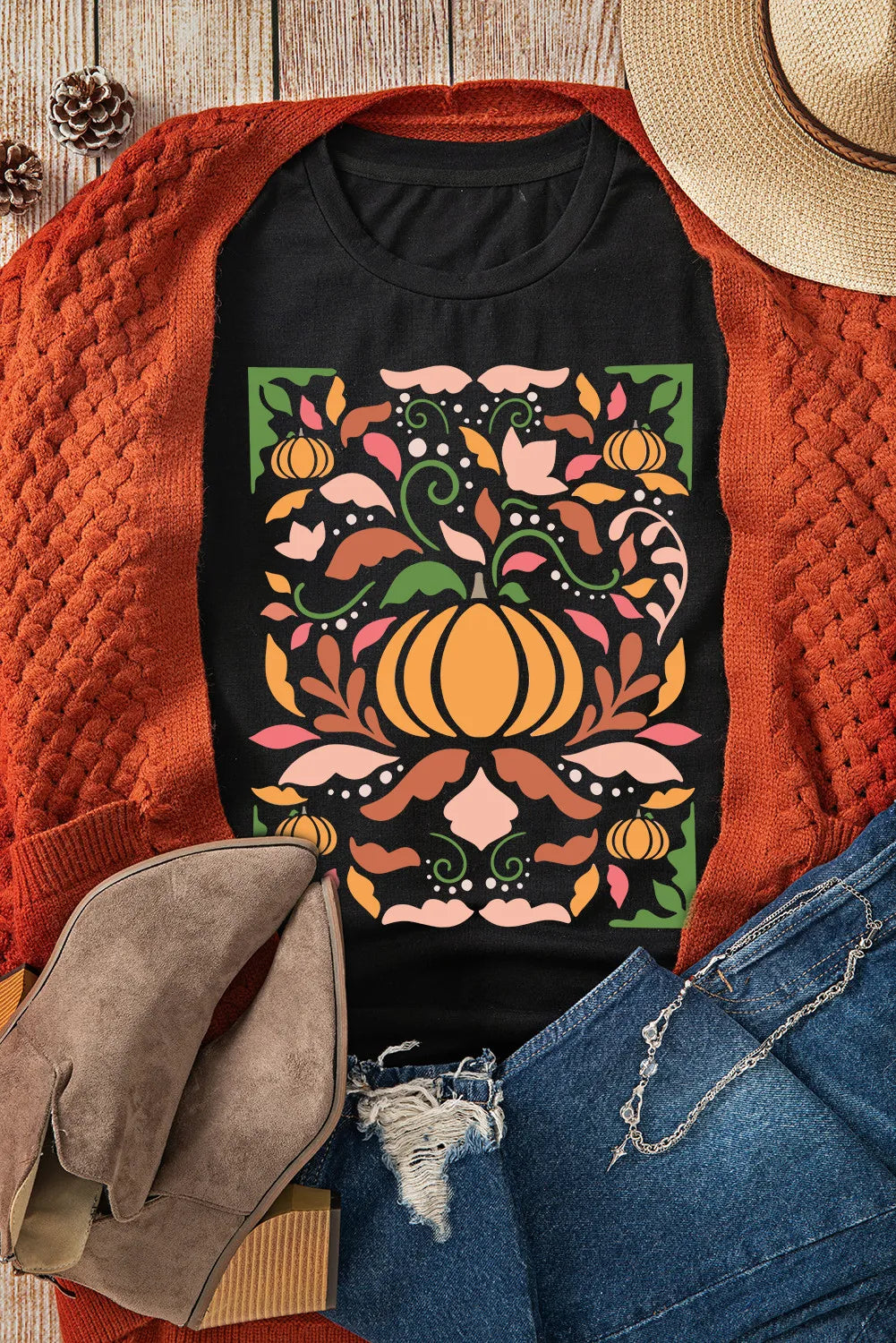 Pumpkin Fall Graphic Round Neck Short Sleeve T-Shirt