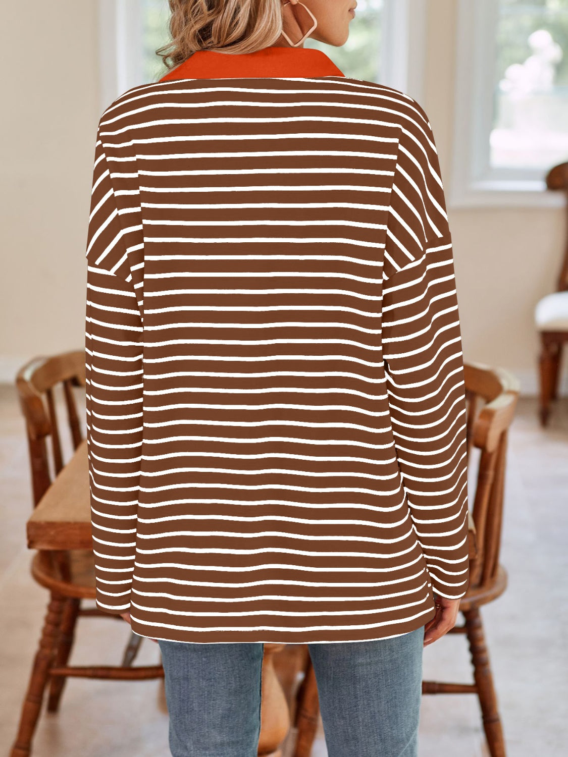 Striped Johnny Collar Long Sleeve T-Shirt