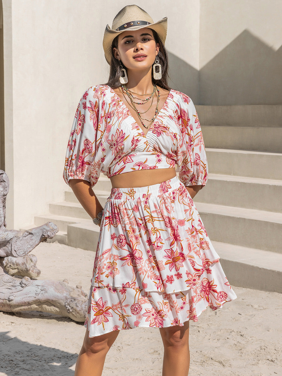 Leila Printed Half Sleeve Top and Layered Skirt Set