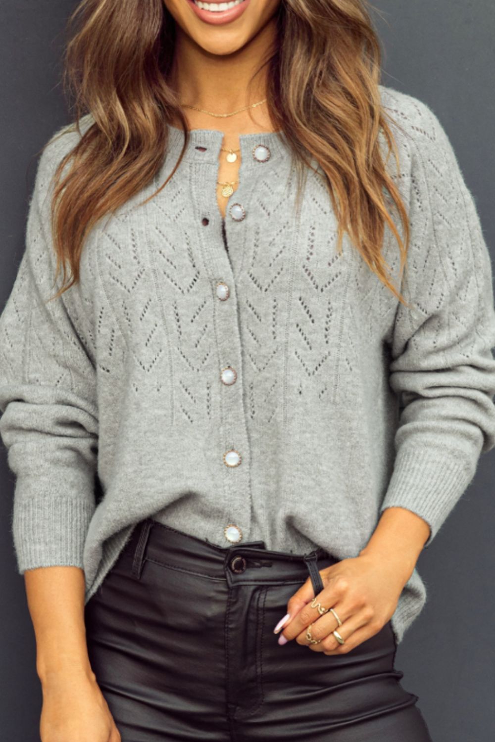 Openwork Button Down Long Sleeve Cardigan