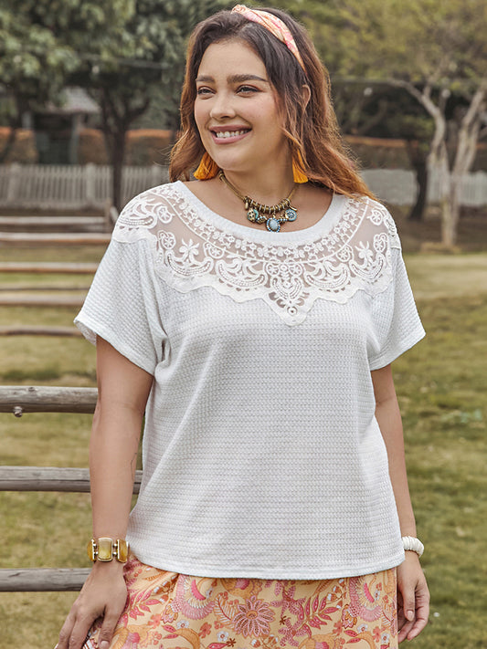 Plus Size Lace Detail  Short Sleeve Top