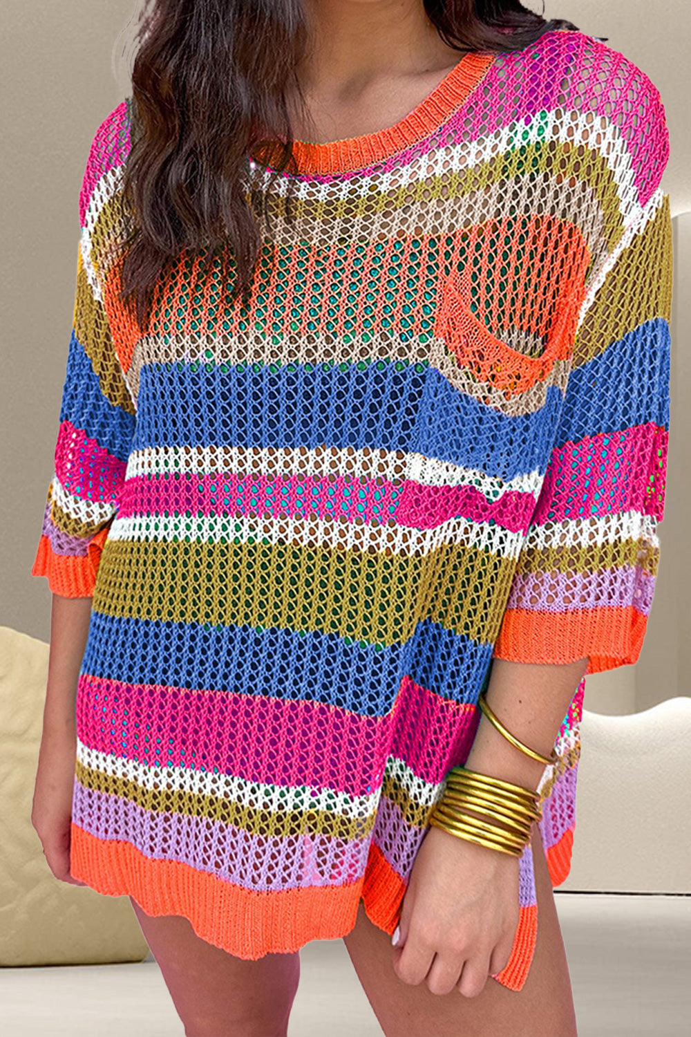 Openwork Colorful Dropped Shoulder Knit Cover-Up