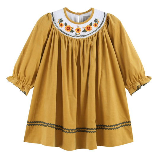 Gold Corduroy Sunflower Smocked Bishop Dress