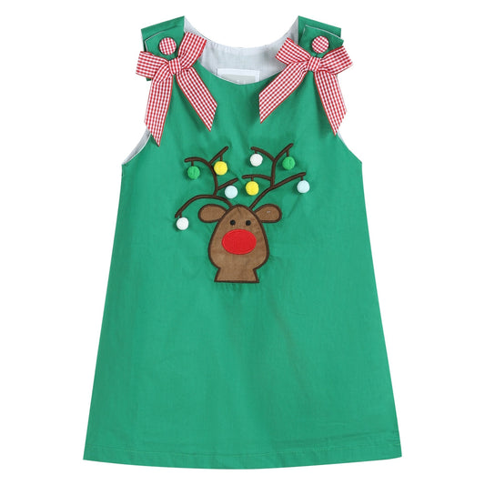 Green Swing Dress with Pompom Reindeer