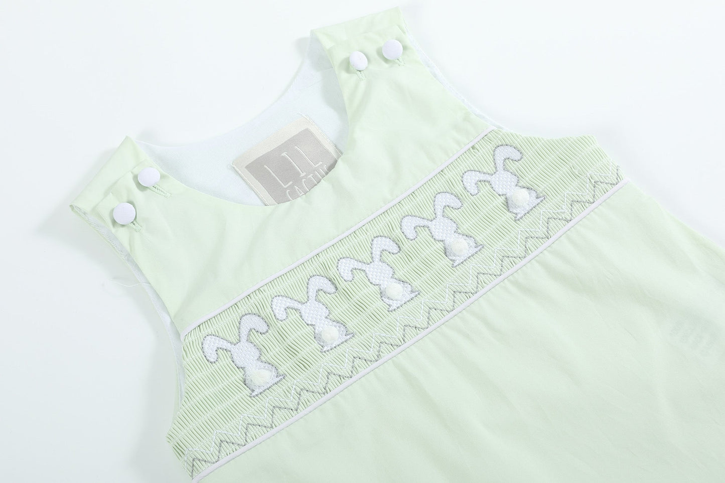 Honeydew Green Bunny Smocked Shortalls