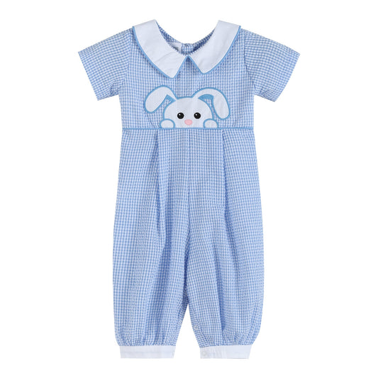 Light Blue Gingham Peek-a-Boo Easter Bunny Collared Romper