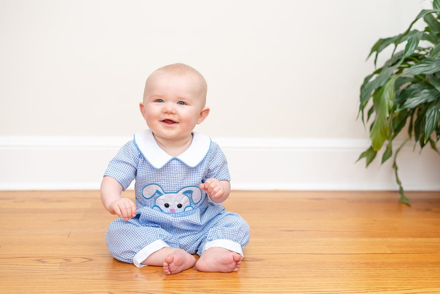 Light Blue Gingham Peek-a-Boo Easter Bunny Collared Romper