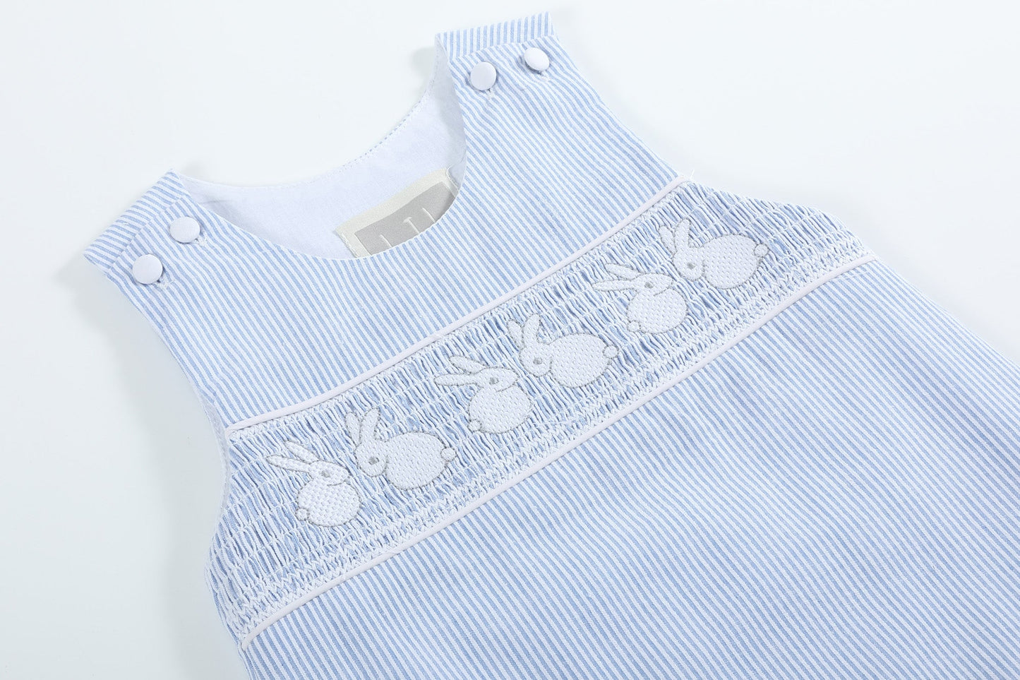 Light Blue Seersucker Bunny Smocked Shortalls