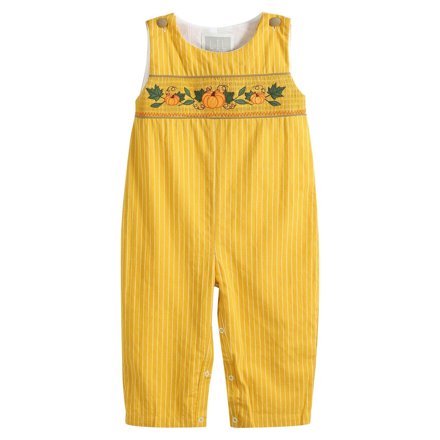 Mustard Pinstripe Smocked Pumpkin Overalls