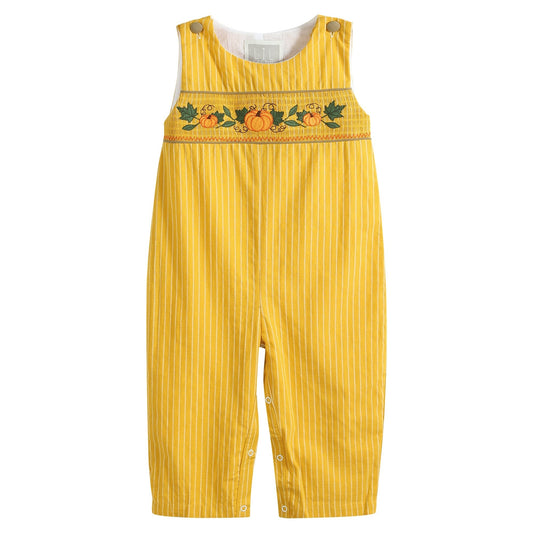 Mustard Pinstripe Smocked Pumpkin Overalls