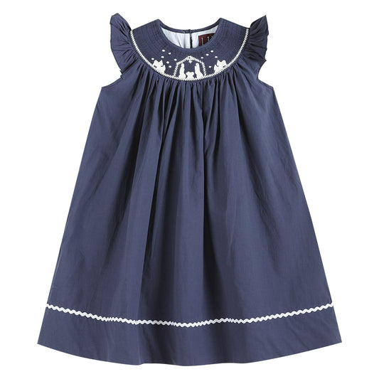 Navy Blue Nativity Smocked Christmas Dress