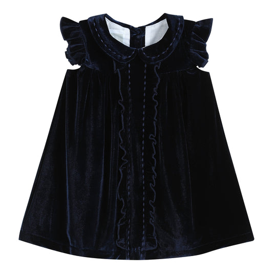 Navy Blue Velvet Ruffle Dress