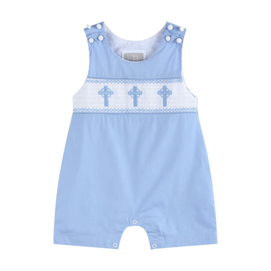 Periwinkle Blue Crosses Smocked Shortalls