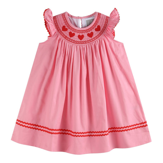 Pink Heart Valentine Smocked Bishop Dress