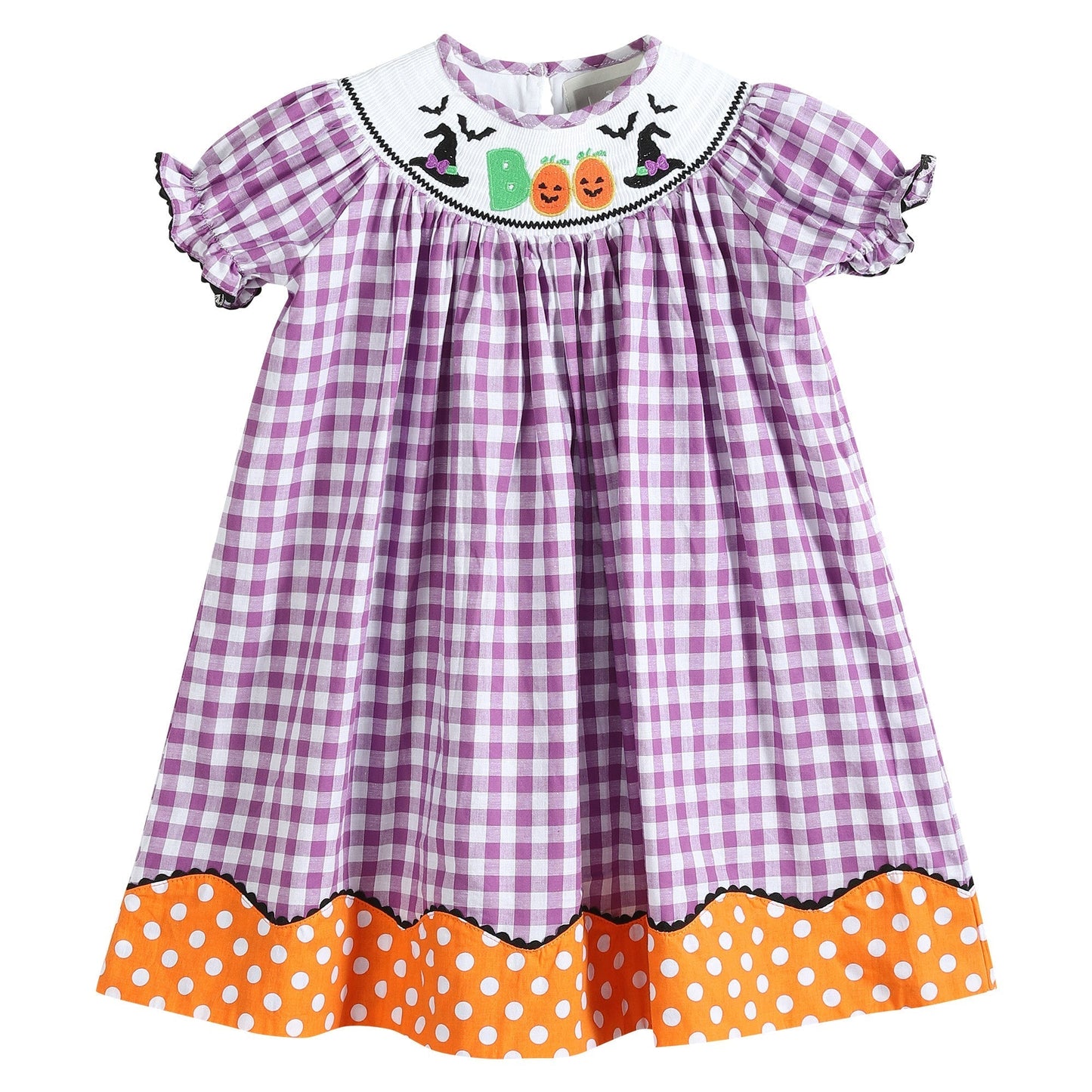 Purple Gingham Halloween Boo Smocked Bishop Dress