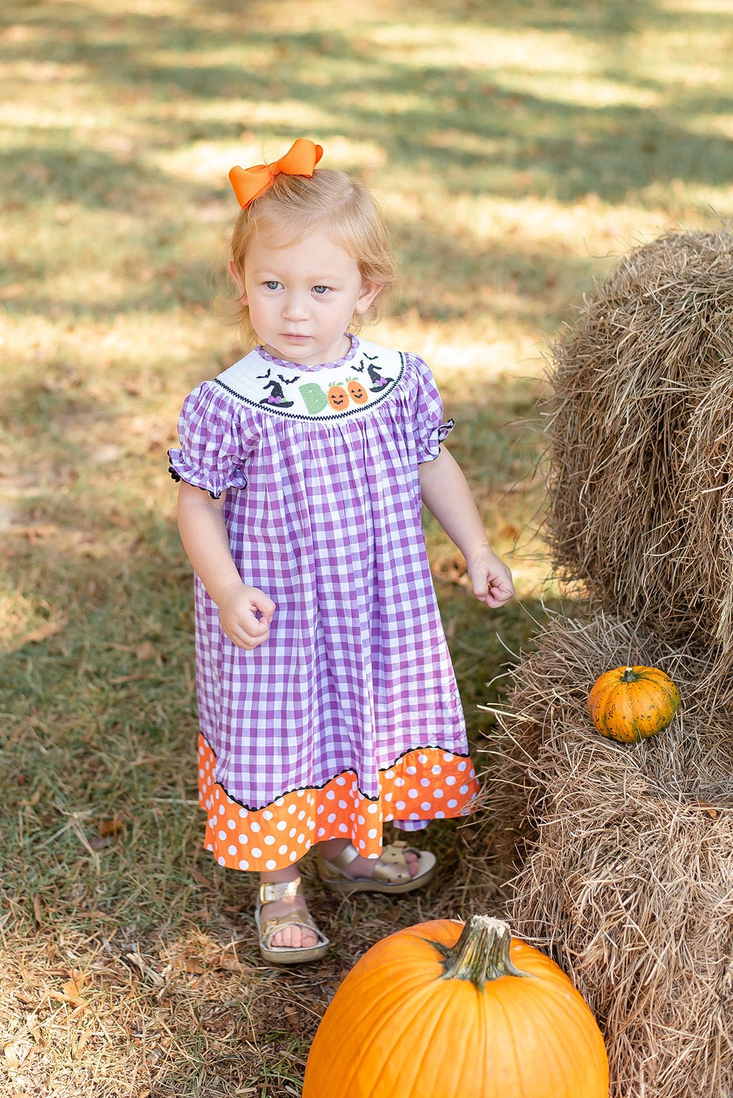 Purple Gingham Halloween Boo Smocked Bishop Dress