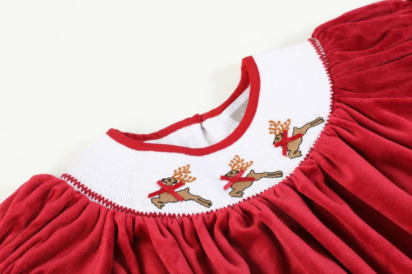 Red Velvet Reindeer Smocked Bishop Dress