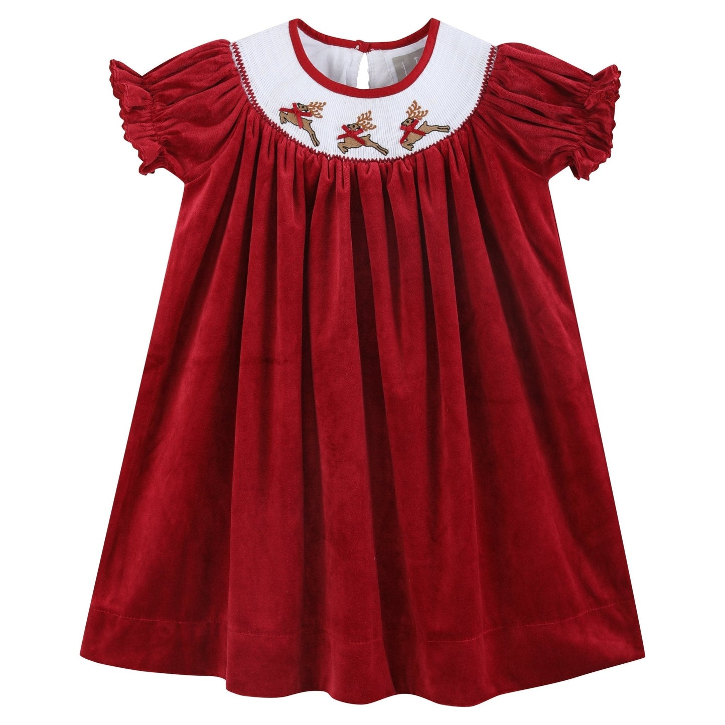 Red Velvet Reindeer Smocked Bishop Dress