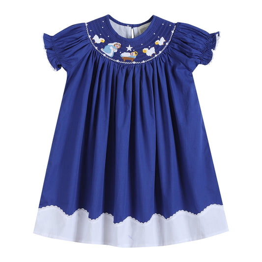 Royal Blue Christmas Nativity Smocked Bishop Dress