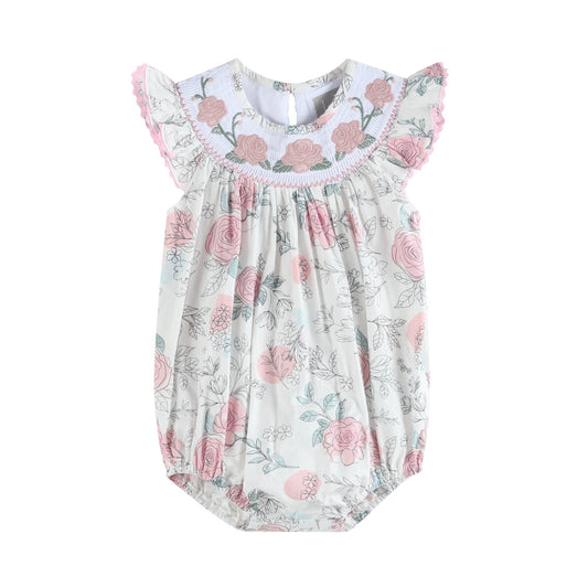 White and Pink Floral Smocked Flutter Romper