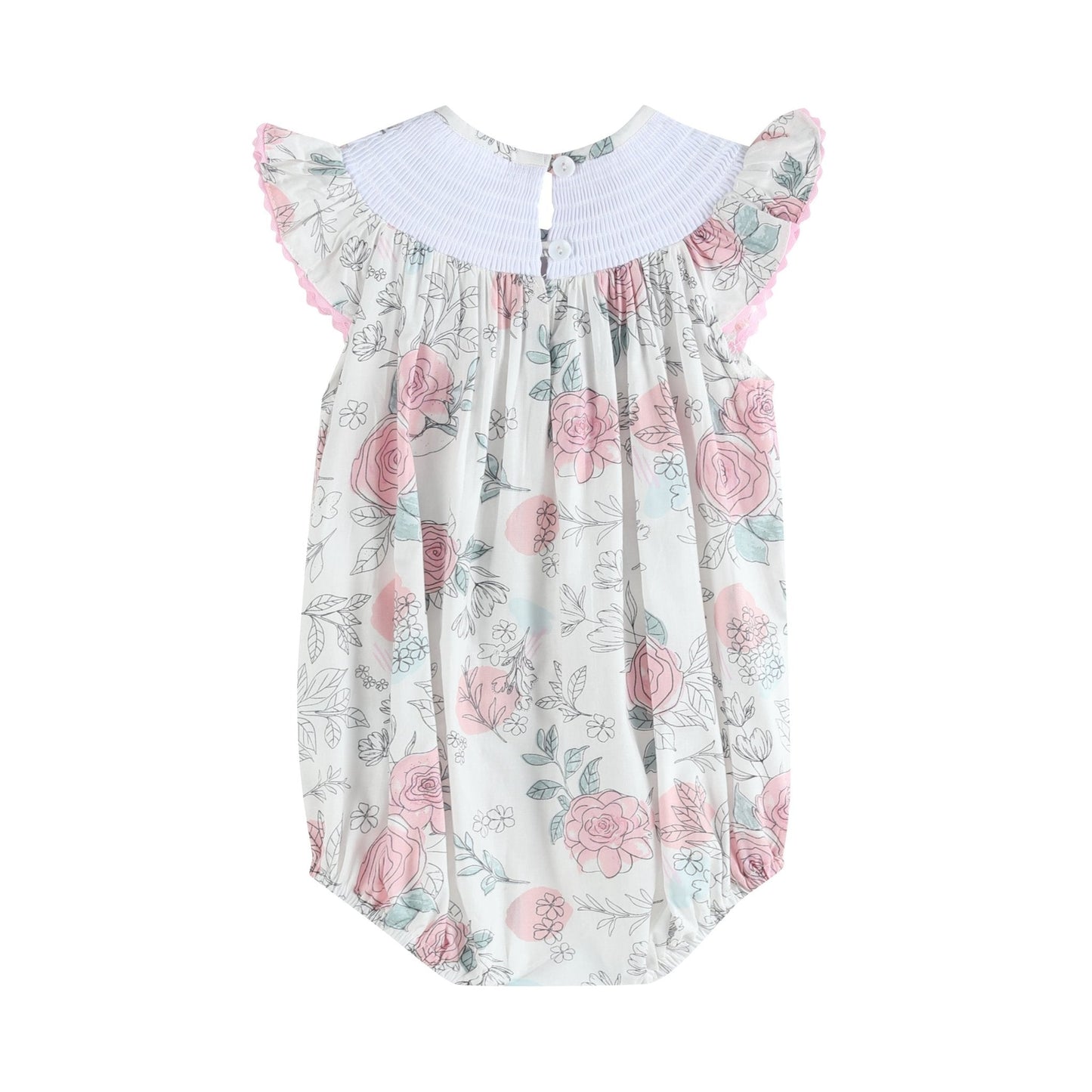 White and Pink Floral Smocked Flutter Romper