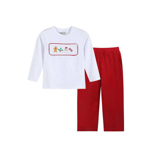 White Christmas Smocked Shirt and Red Corduroy Pants Set