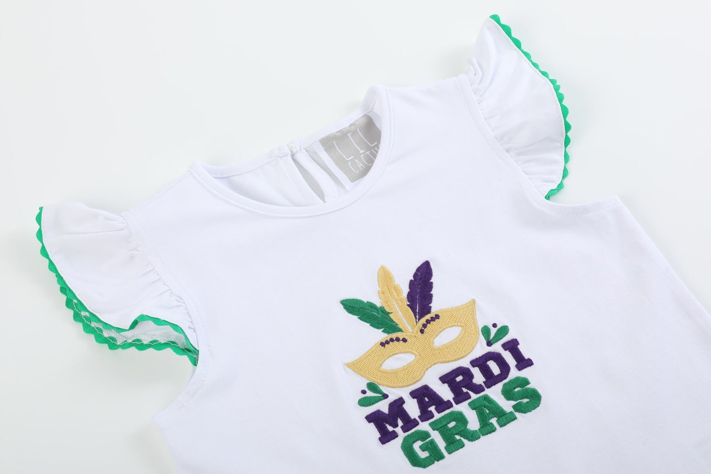 White Mardi Gras Applique Ruffle Shirt