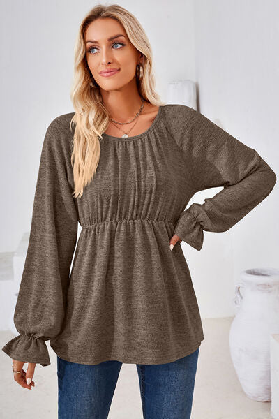 Ruched Flounce Sleeve Blouse - Multiple Colors