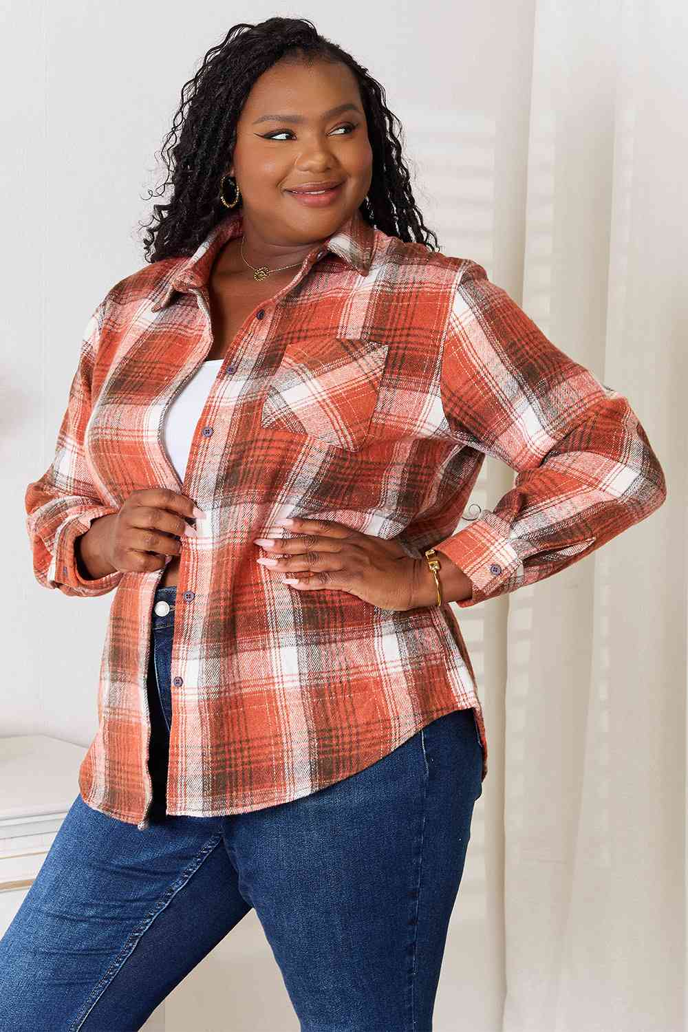 Double Take Plaid Collared Neck Long Sleeve Shirt