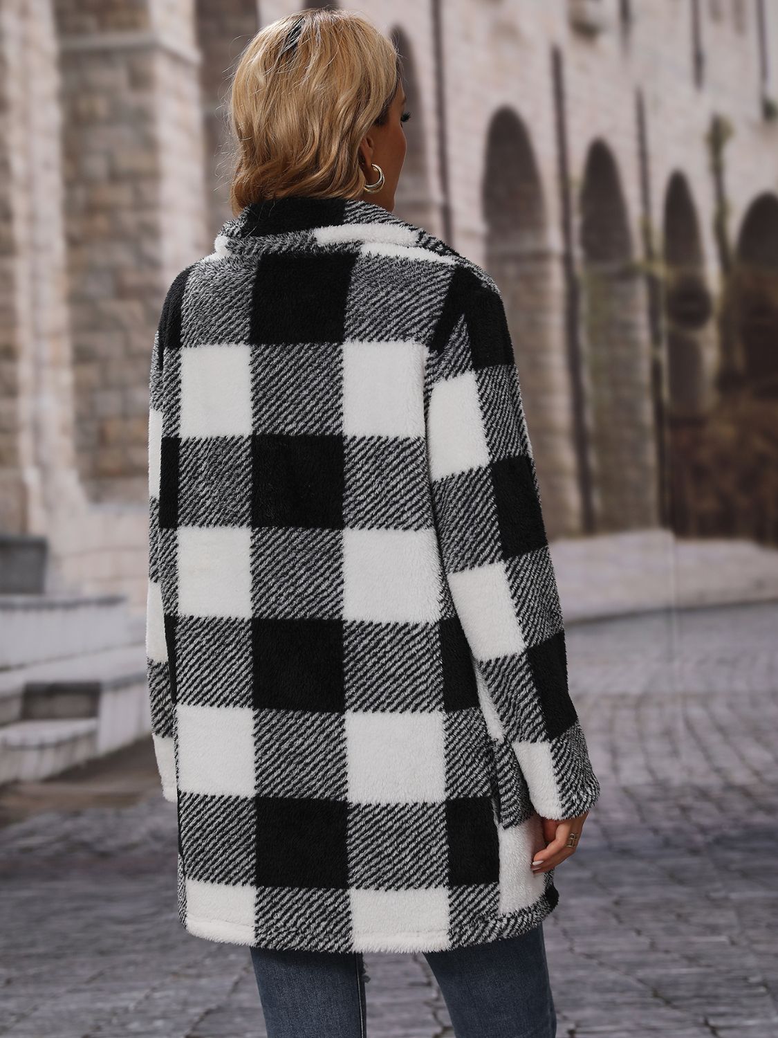 Plaid Collared Neck Coat with Pockets