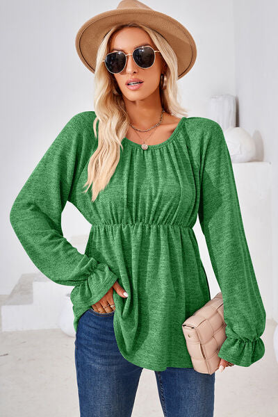 Ruched Flounce Sleeve Blouse - Multiple Colors