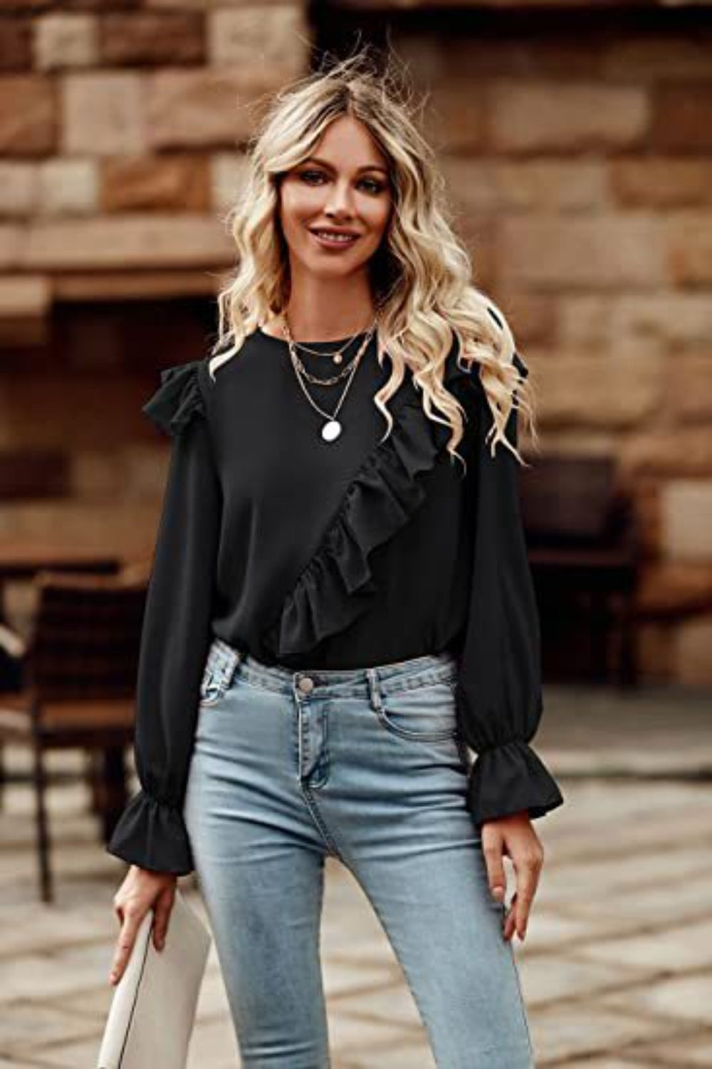 Ruffled Round Neck Long Sleeve Top