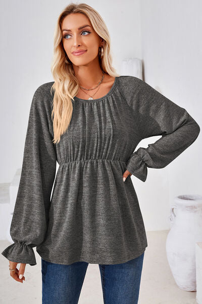 Ruched Flounce Sleeve Blouse - Multiple Colors