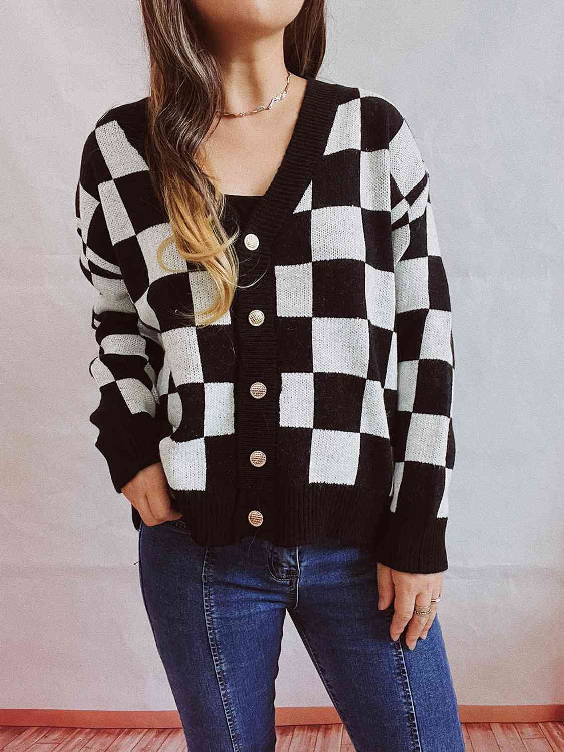 Checkered Open Front Button Up Cardigan