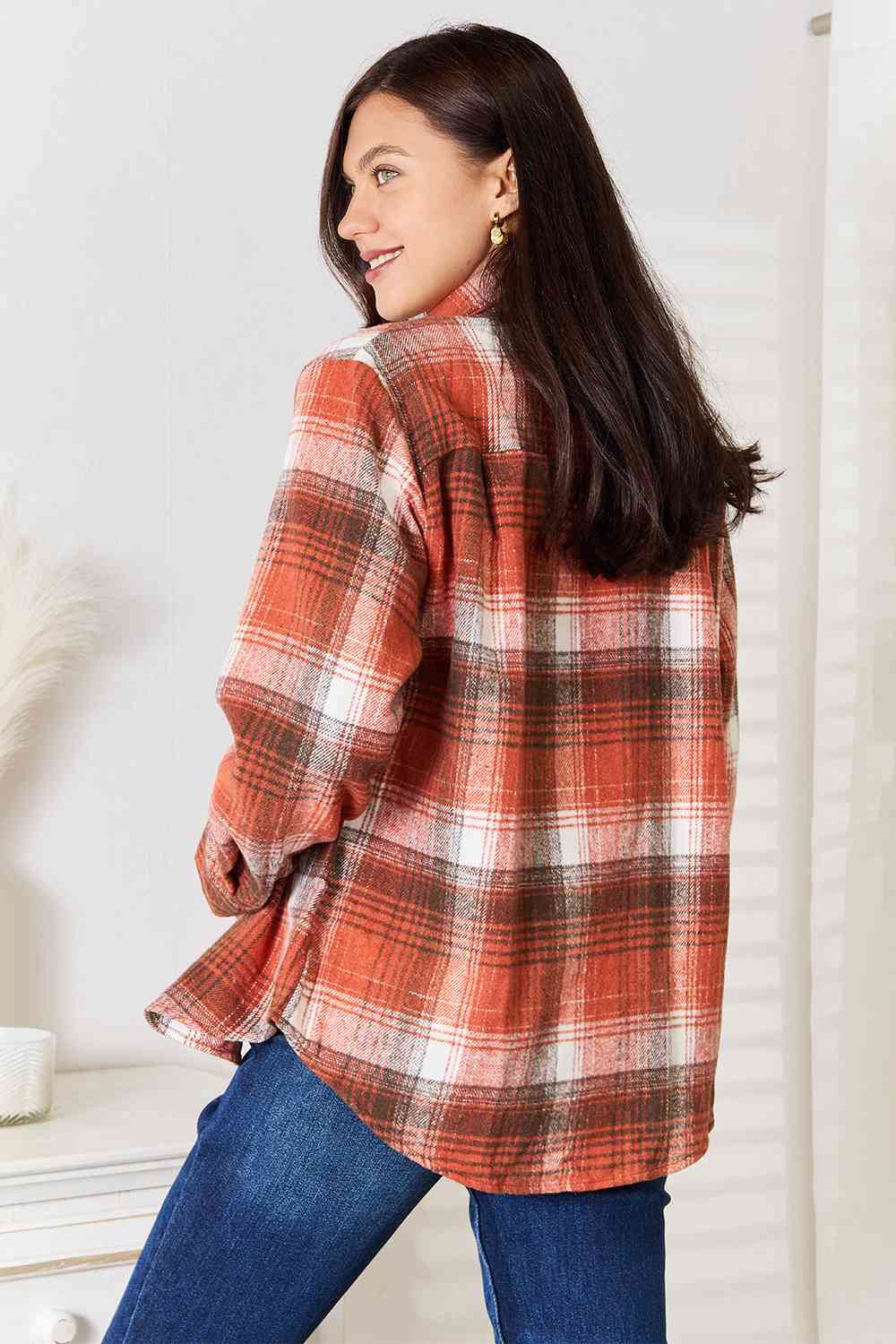 Double Take Plaid Collared Neck Long Sleeve Shirt